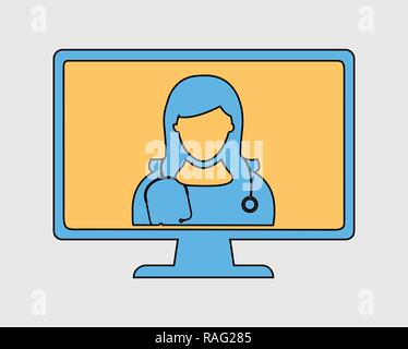 Colorful Online Medical help Icon. Female Doctor is on computer screen with gray background. Stock Vector