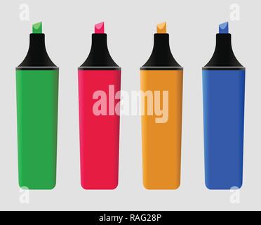 Colorful Highlighter Pen Icon. Green, Yellow, Blue and Green flat style Stock Vector