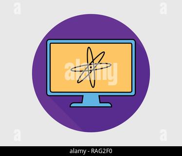 Colorful Physics Icon. Atom on computer Screen. Stock Vector