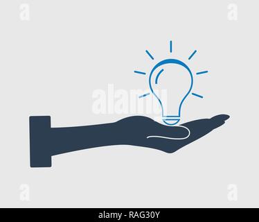 Save power icon on gray background with bulb symbol and hand sign. Stock Vector