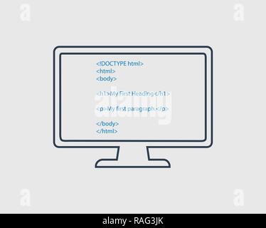 HTML line Icon. HTML code in computer screen. Stock Vector
