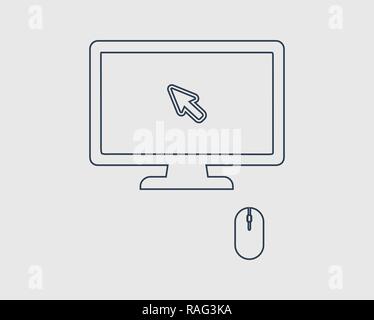 Wireless Mouse and cursors line icon on computer monitor Stock Vector