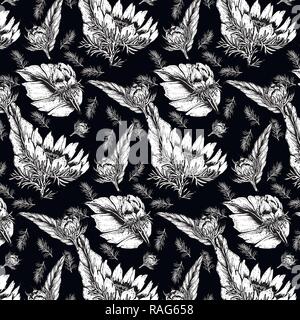 sketched flower print monochrome colors - seamless background Stock Vector