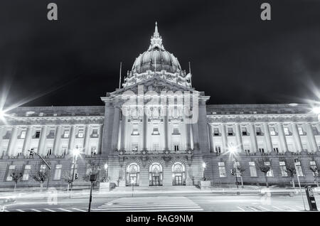 San Francisco City Hall at nighttime, California, United States, presenting in black and white. Stock Photo