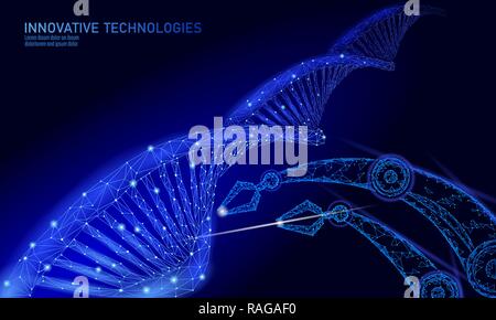 Low poly chemical DNA gene therapy science concept. Polygon lab triangles 3d rendering chemistry genetic engineering. Modern innovation human evolution genomics technology ai vector illustration Stock Vector