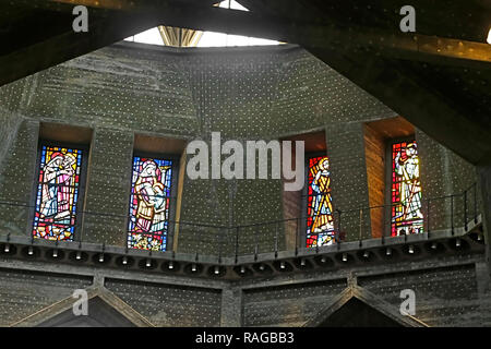 NAZARETH, ISRAEL - SEPTEMBER 21, 2017: Interior and stained glass windows in the Basilica of the Annunciation Stock Photo