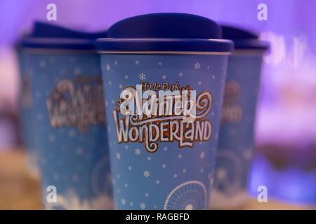 London, United Kingdom - December 30th 2018: Winter Wonderland Hyde Park logo on take away environmentally friendly plastic cup for hot drinks in souv Stock Photo