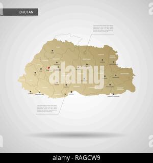 Stylized vector Bhutan map.  Infographic 3d gold map illustration with cities, borders, capital, administrative divisions and pointer marks, shadow; g Stock Vector