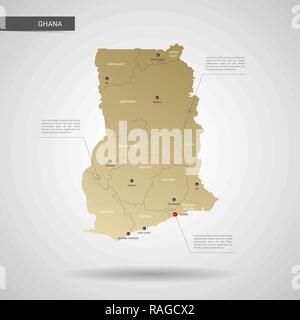 Stylized vector Ghana map.  Infographic 3d gold map illustration with cities, borders, capital, administrative divisions and pointer marks, shadow; gr Stock Vector