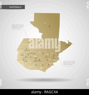 Stylized vector Guatemala map.  Infographic 3d gold map illustration with cities, borders, capital, administrative divisions and pointer marks, shadow Stock Vector