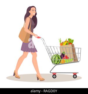 Beautiful young woman with shopping cart full of packages with vegetables and fruits. Happy smiling woman with products. Vector illustration in flat s Stock Vector