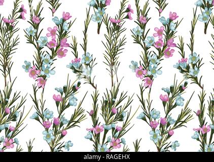 Seamless watercolor background of pink and blue wax flowers with leaves isolated on white background. Vekton pattern Stock Vector