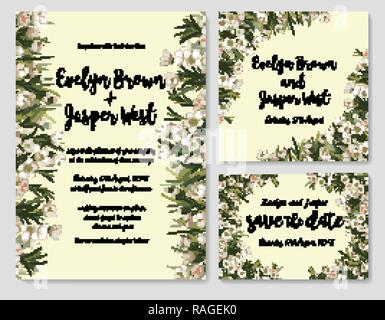 Vector Pastel Floral Frame Set. Elegant white wax flowers, leaves, cute framed text. Easy to edit. Perfect for wedding invitations, rsvp, invite, card Stock Vector