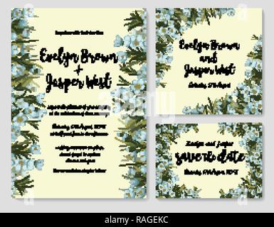 Wedding invitation frame set; blue wax flowers, leaves, watercolor. Sketched wreath, floral and herbs garland with green, greenery color. Vector Water Stock Vector