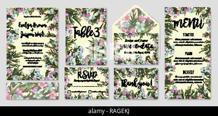 Wedding invitation frame set; blue wax flowers, leaves, watercolor. Hand drawn Vector Watercolor style.  Save date, thank you, rsvp, menu, label, enve Stock Vector