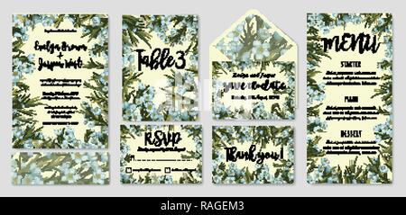 Wedding invitation frame set; blue wax flowers, leaves, watercolor. Hand drawn Vector Watercolor style, nature art.  Save date, thank you, rsvp, menu, Stock Vector