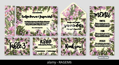 Wedding invite, menu, rsvp, thank you label save the date card Design with pink wax flowers, green leaves greenery foliage bouquet. Vector cute rustic Stock Vector