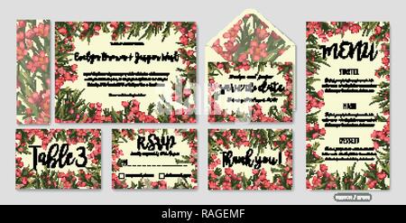 Vector set of wedding invitation templates with leaves and wax flowers and place for text. Save the date, thank you, rsvp, love. Stock Vector