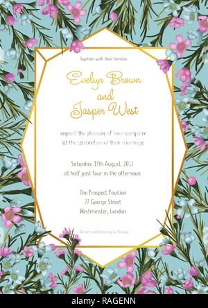 Vertical botanical vector design frame.  blue and pink wax flowers, leaves. Natural spring wedding card. Gold line art. All elements are isolated. Stock Vector