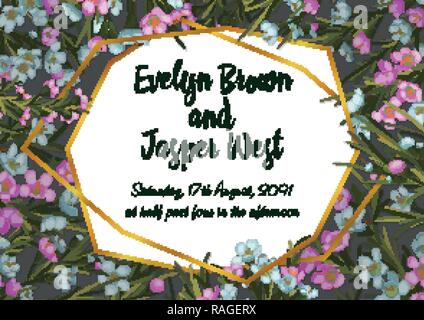 Watercolor horizontal floral illustration - golden frame with pink and blue wax flowers (chamelaucium), green leaves, for wedding stationary, greeting Stock Vector