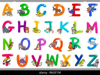 Cartoon Illustration of Colorful Alphabet Letters Set from A to Z with Happy Animals Stock Vector