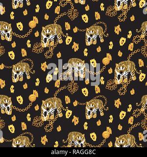 Tiger and chain gold pattern fashion spotted wild vector design. Stock Vector