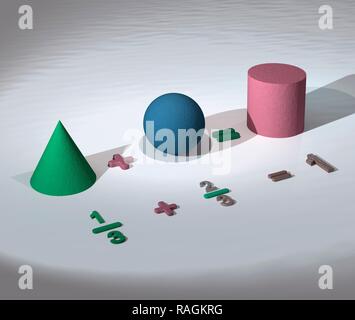 Geometrical equation, illustration. The volume of a cone combined with that of a sphere that both fit exactly within a cylinder equal the cylinder's volume. The cones volume is a third and the sphere's volume two thirds of that of the cylinder. Stock Photo