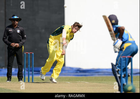 Colombo, Sri Lanka. 03rd Jan, 2019. Zak Evans of Australia U19 delives the ball during the first One Day International match (ODI) Between Sri Lanka U19 vs Australia U19 at Sara Oval stadium Colombo on 3rd of January 2018. Aust U19 won by 7 wickets (with 13 balls remaining) Credit: Sameera Peiris/Pacific Press/Alamy Live News Stock Photo