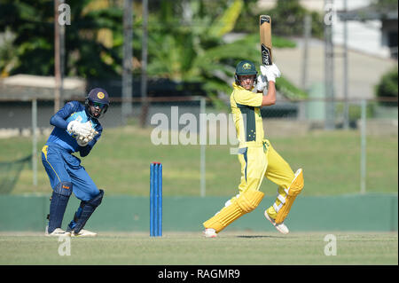 Colombo, Sri Lanka. 03rd Jan, 2019. Keegan Oates of Aus U 19 playing a shot during the first One Day International match (ODI) Between Sri Lanka U19 vs Australia U19 at Sara Oval stadium Colombo on 3rd of January 2018. Aust U19 won by 7 wickets (with 13 balls remaining) Credit: Sameera Peiris/Pacific Press/Alamy Live News Stock Photo