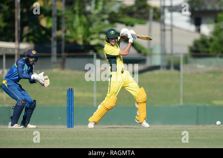 Colombo, Sri Lanka. 03rd Jan, 2019. Australian batsman Keegan Oates playing a shot during the first One Day International match (ODI) Between Sri Lanka U19 vs Australia U19 at Sara Oval stadium Colombo on 3rd of January 2018. Aust U19 won by 7 wickets (with 13 balls remaining) Credit: Sameera Peiris/Pacific Press/Alamy Live News Stock Photo