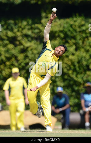 Colombo, Sri Lanka. 03rd Jan, 2019. Tanveer Sanga of Australia U19 delivers the ball during the first One Day International match (ODI) Between Sri Lanka U19 vs Australia U19 at Sara Oval stadium Colombo on 3rd of January 2018. Aust U19 won by 7 wickets (with 13 balls remaining) Credit: Sameera Peiris/Pacific Press/Alamy Live News Stock Photo