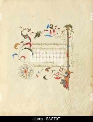 Illuminated manuscript of a poem, British, England, 1843 - 1845, Red, blue, green and pink ink with gilding, 18.6 x reimagined Stock Photo
