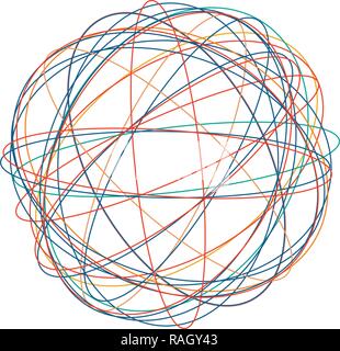 Tangled circle clew, Colored intricate texture. Chaotic colorful tangled circles. Chaos stripes. Vector Illustration isolated on white background Stock Vector