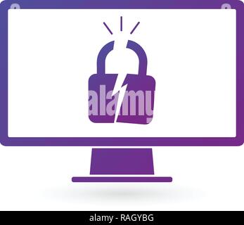 Hackers attacked the computer. Flat vector illustration of pc monitor and cracked lock. Broken protection, cyber crime and web technology concept isol Stock Vector