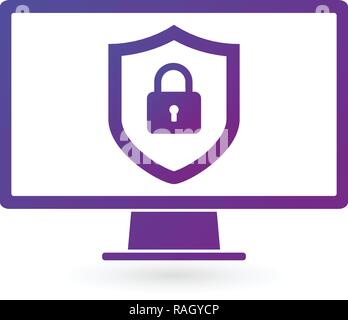 GDPR General Data Protection Regulation, big lock and shield on computer display. vector illustration isolated on white background Stock Vector