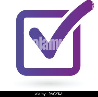 Illustration of check mark icon in square in purple gradient, vector illustration isolated on black background Stock Vector