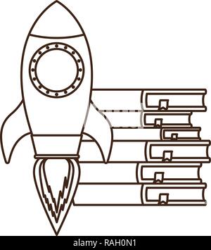 pile of books with rocket isolated icon