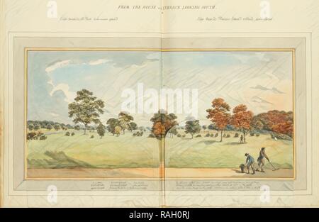 From the house and terrace looking south: overlay up, Humphry Repton architecture and landscape designs, 1807-1813 reimagined Stock Photo