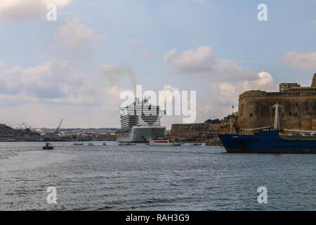 MSC Seaview cruiser ship anchoring at the Valletta's harbour at Valletta, Malta. Stock Photo