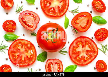 fresh tomatoes, herbs and spices on white background, top view Stock Photo