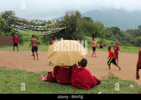 Tibetan Novice Monks playing football Stock Photo