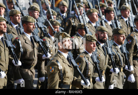 Palma de Mallorca / Spain - December 8,2018: Spanish troops march during the parade to commemorate on December 8th the patron of Spain Army the Virgin Stock Photo