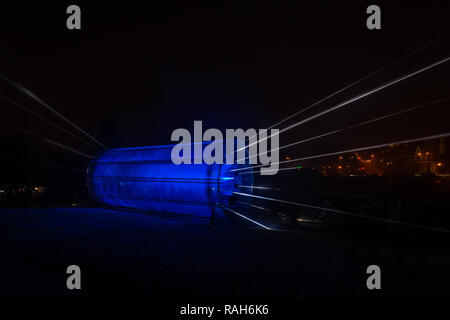 Futuristic abstract glowing colorful photon tunnel light by DMX lights with rays of light Stock Photo