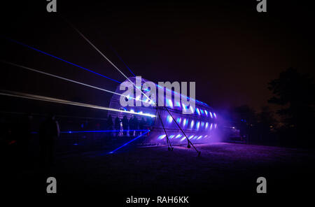 Futuristic abstract glowing colorful photon tunnel light by DMX lights Stock Photo