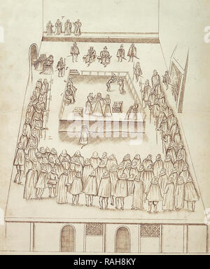 The execution of Mary Queen of Scots at Fotheringhay Castle on 8 February 1587, drawn by Robert Beale (1541-1601),Clerk of the Privy Council to Queen Elizabeth I, who wrote the official record of the execution of Mary, Queen of Scots, to which he was an eyewitness. The evening before the exection he had read-out to Mary, Queen of Scots her death warrant and informed her that she was to be executed the following morning. Key to numbers: George Talbot, 6th Earl of Shrewsbury and Henry Grey, 6th Earl of Kent are seated to the left (1 & 2) and Sir Amias Paulet Stock Photo