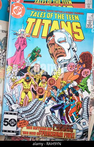 A collection of Teen Titans superhero comic books produced by DC Comics Stock Photo