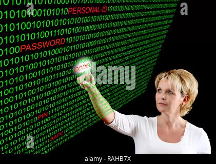 Woman with a computer code and the word 'code', symbolic image for computer hackers, data security, computer crime, cyber crime Stock Photo