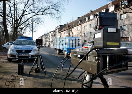 Laser measuring device being used by the police, speed trap marathon of the police in North Rhine-Westphalia, 24 hours of Stock Photo