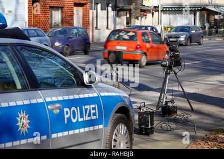 Laser measuring device being used by the police, speed trap marathon of the police in North Rhine-Westphalia, 24 hours of Stock Photo