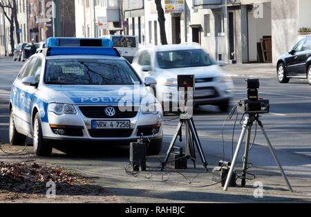 Laser measuring device being used by the police, speed trap marathon of the police in North Rhine-Westphalia, 24 hours of Stock Photo